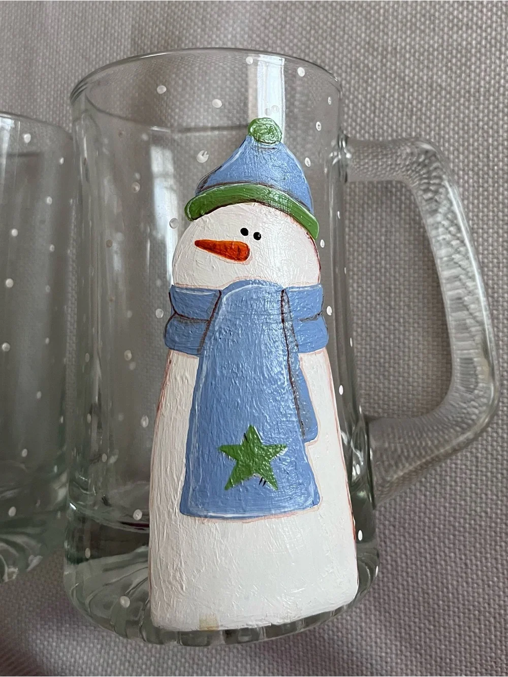 Hand-Painted Snowman Glass Mugs - Green & Blue Accents